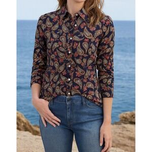 Lands End sz 8 Womens 100% Supima Cotton Paisley Floral Classic Button Up Top